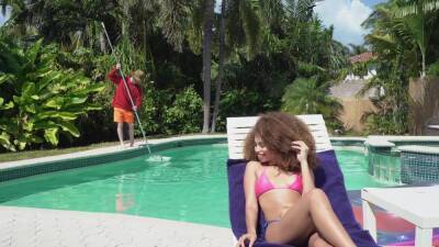 Outdoor interracial sex in doggy style by the pool - Cecilia Lion on freereelz.com