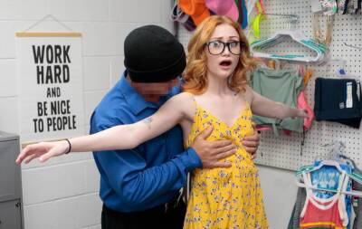 Nerdy blonde busted with stolen items so she gets fucked on freereelz.com