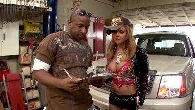 Black mechanic fucks busty whore and soaks her pussy in sperm on freereelz.com