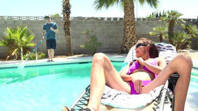 Pool boy fucks thin mature female and comes on her saggy tits on freereelz.com