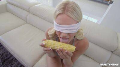 Blind folded blonde takes the big tool in both her juicy holes on freereelz.com