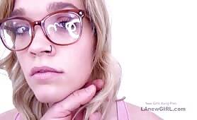 Blonde with glasses makes hard cock cum in studio on freereelz.com