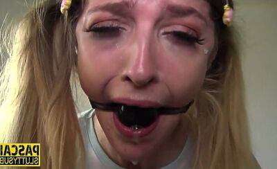 Gagged and bound teen gets throat and pussy fucked roughly on freereelz.com