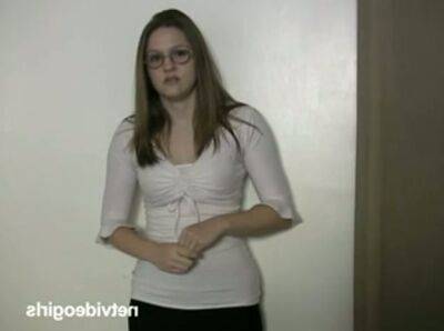 Ugly pale nerd in glasses Amy kneels down to suck a tasty cock for gooey cum on freereelz.com