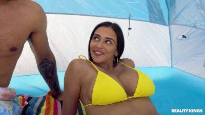 Dark-haired beauty in a yellow bikini takes good care of BBC on freereelz.com