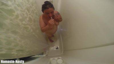 Whore Takes A Shower Spreads Legs Gags And Cleans And Shows Her Shaved Fuck Holes on freereelz.com