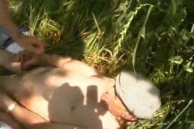 Slender Looking French Lady Pleasing Two Cocks Outdoors - France on freereelz.com