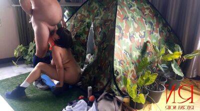 Sex in camp. A stranger fucks a nudist lady in her mouth in a camping in nature. on freereelz.com