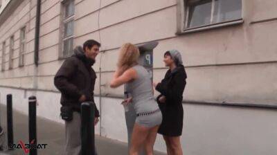 Anita and Emilia pick up slim man on the streets to take him into their bang van on freereelz.com