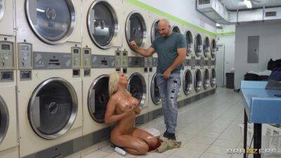 Curvaceous blonde damsel with big tits pleasures JMac in the laundry on freereelz.com