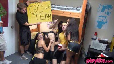 Gorgeous coed teen chicks groupsex action in the dorm room on freereelz.com