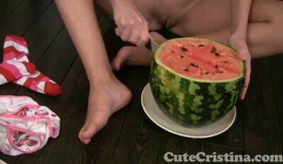 Cute Cristina plays naked with watermelon on freereelz.com