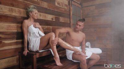 Gorgeous pornstar gets oiled up and sodomized in the sauna on freereelz.com