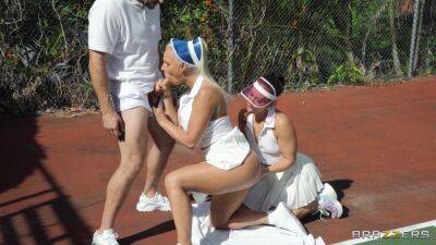 Loud dick sharing treat in outdoor tennis lesson scenes for two premium ladies on freereelz.com