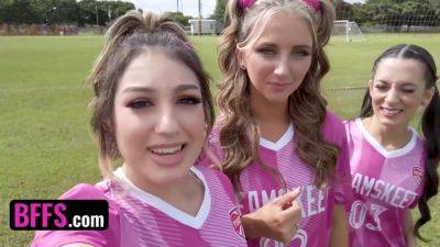 Soccer Girls Freya von Doom, Macy Meadows & Violet Gems Take Turns Riding Their Trainers Dick - POV foursome on freereelz.com