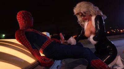 Blonde cougar dazzles with her huge tits while doing Spider Man on freereelz.com