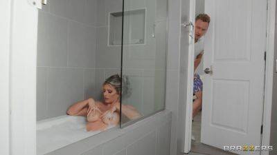 Spicy sex treat for mommy after the needy stepson spies on her in the tub on freereelz.com