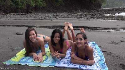 Young wet 18yo brunette Latina babes enjoys threesome orgy outdoors on the beach on freereelz.com