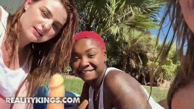 Reality Kings take on Deja Marie & Abigaiil in wild dildo orgy with natural tits bouncing on freereelz.com