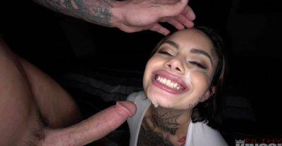 Sweet babe with sexy tattoos gets intimate with a big dick until sperm covers her face on freereelz.com