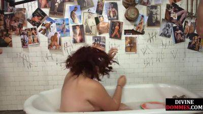 BBW food fetish domina ride sub hard cock in bathroom on freereelz.com