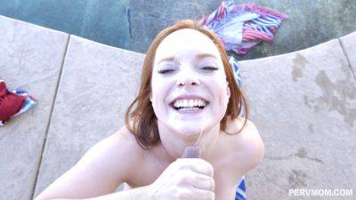 Redhead with big booty lets stepson finish on her face on freereelz.com