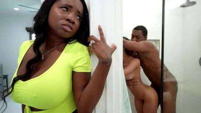 Ebony stepmom catches stepdaughter and boyfriend in shower for steamy threesome - Jamaica - Haiti on freereelz.com