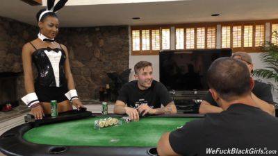 Ebony waitress pleases guys at the poker table with limitless sex on freereelz.com